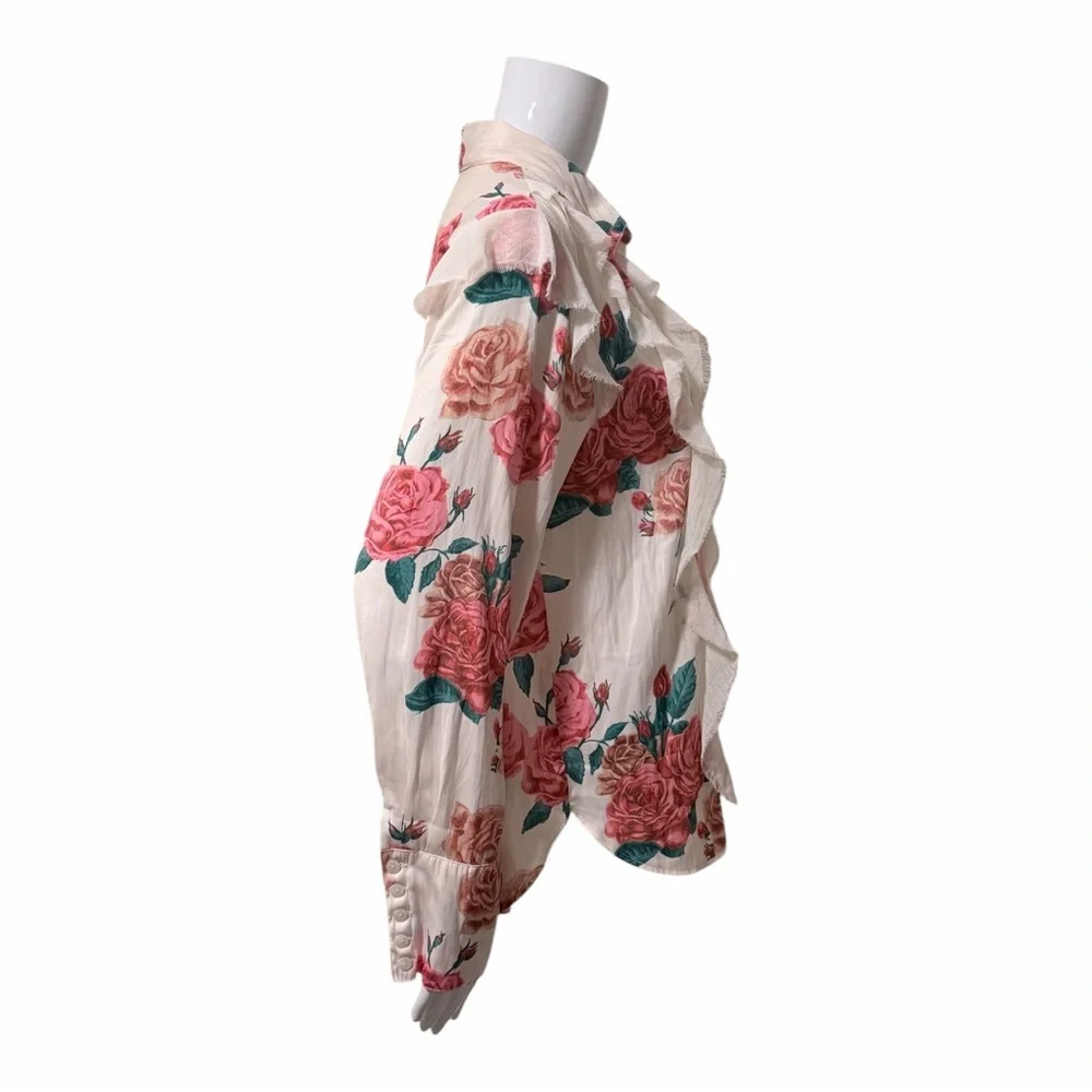 Free People Charlotte Ruffle Button Down Top Size XS Floral Oversized Boho Chic - Picture 3 of 10